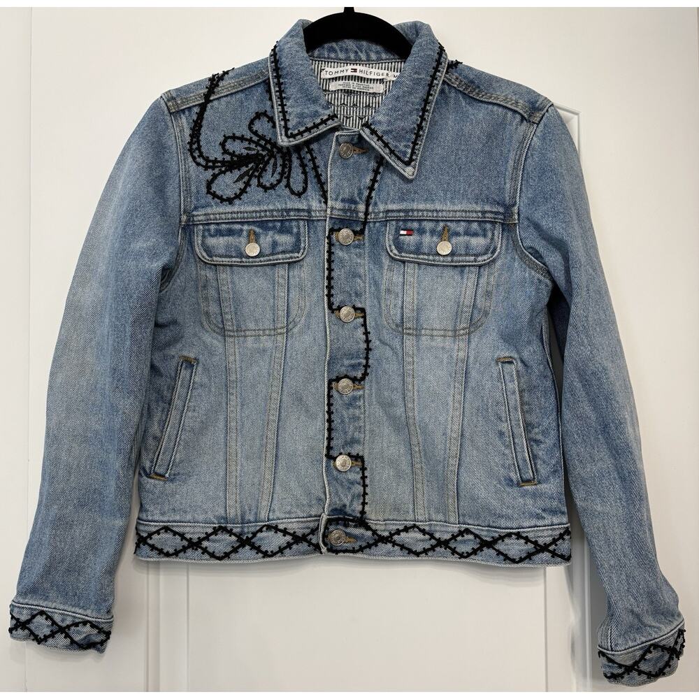Jean Jacket Tommy Hilfiger Black Embroidery Denim RARE Women's Medium Detail EUC